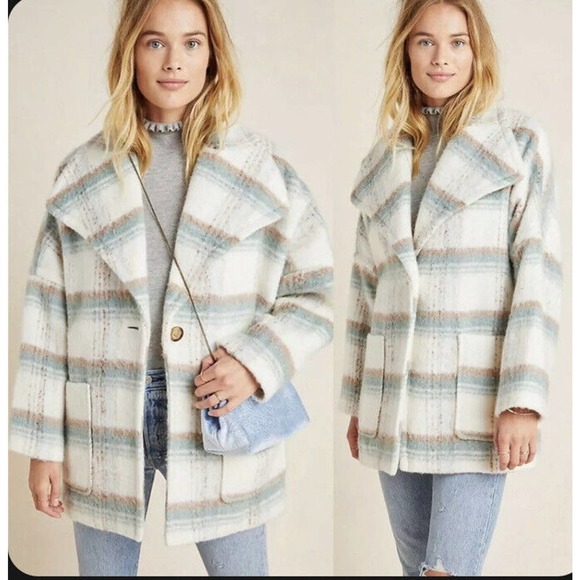New ANTHROPOLOGIE Elsa •XS P Petite•Cream Blue Plaid Fuzzy Oversized Coat Jacket - Picture 1 of 11